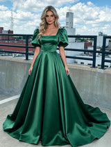 Green Satin Puff Sleeve Square Neck Prom Dress