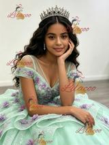 Green Tulle V-neck Appliques Quinceanera Dress