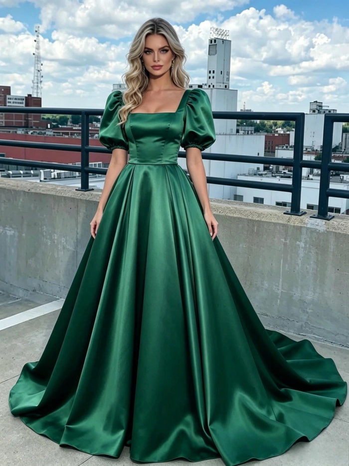 Green Satin Puff Sleeve Square Neck Prom Dress
