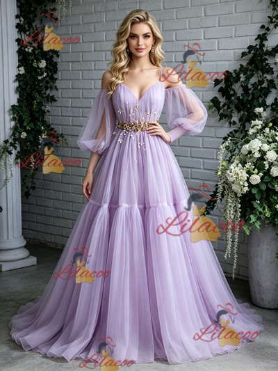 Purple Tulle Long Sleeve Pleats Prom Dress
