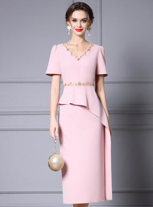 Pink V-neck Sequins Mother of the Bride Dress