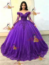 Purple Tulle Long Sleeve Appliques Quinceanera Dress