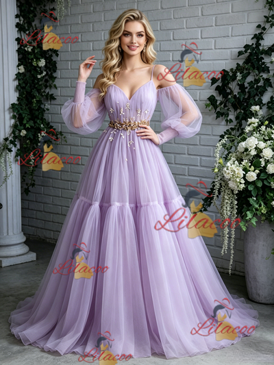 Purple Tulle Long Sleeve Pleats Prom Dress