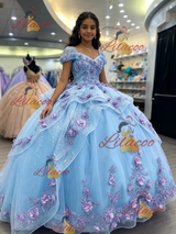Sky Blue Tulle 3D Appliques Quinceanera Dress