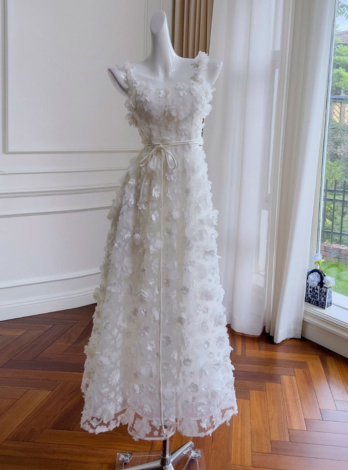 White Tulle Straps 3D Flower Prom Dress