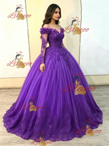 Purple Tulle Long Sleeve Appliques Quinceanera Dress