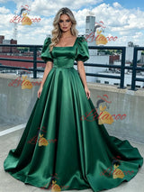 Green Satin Puff Sleeve Square Neck Prom Dress