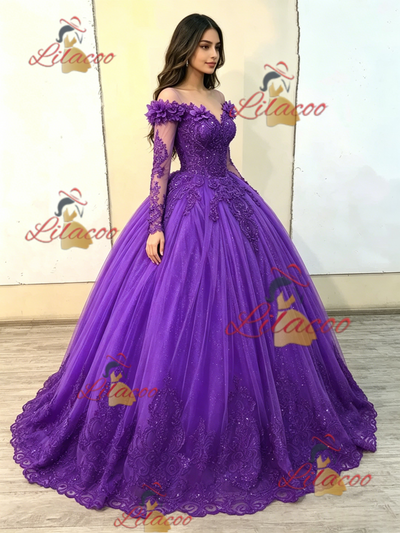 Purple Tulle Long Sleeve Appliques Quinceanera Dress