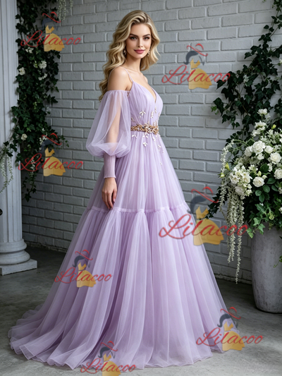 Purple Tulle Long Sleeve Pleats Prom Dress