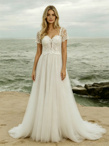 White Lace Short Sleeve Wedding Dress