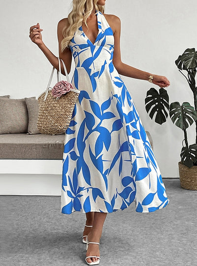 Halter Split Plant Print Dress