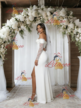 White Off the Shoulder Long Sleeve Split Wedding Dress
