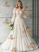 Ivory Tulle Long Sleeve Pleats Wedding Dress
