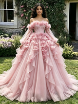Pink Tulle Long Sleeve 3D Flower Quinceanera Dress