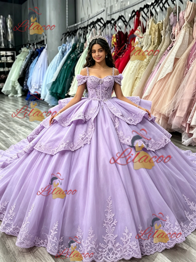 Purple Tulle Spaghetti Straps Appliques Quinceanera Dress