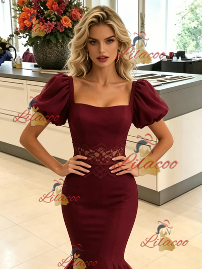 Burgundy Mermaid Tulle Puff Sleeve Prom Dress