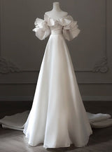 White Satin Off the Shoulder Pleats Wedding Dress