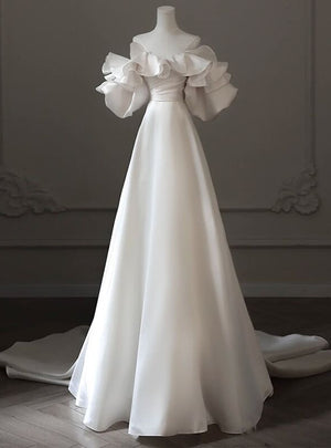 White Satin Off the Shoulder Pleats Wedding Dress