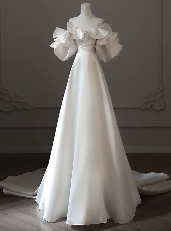 White Satin Off the Shoulder Pleats Wedding Dress