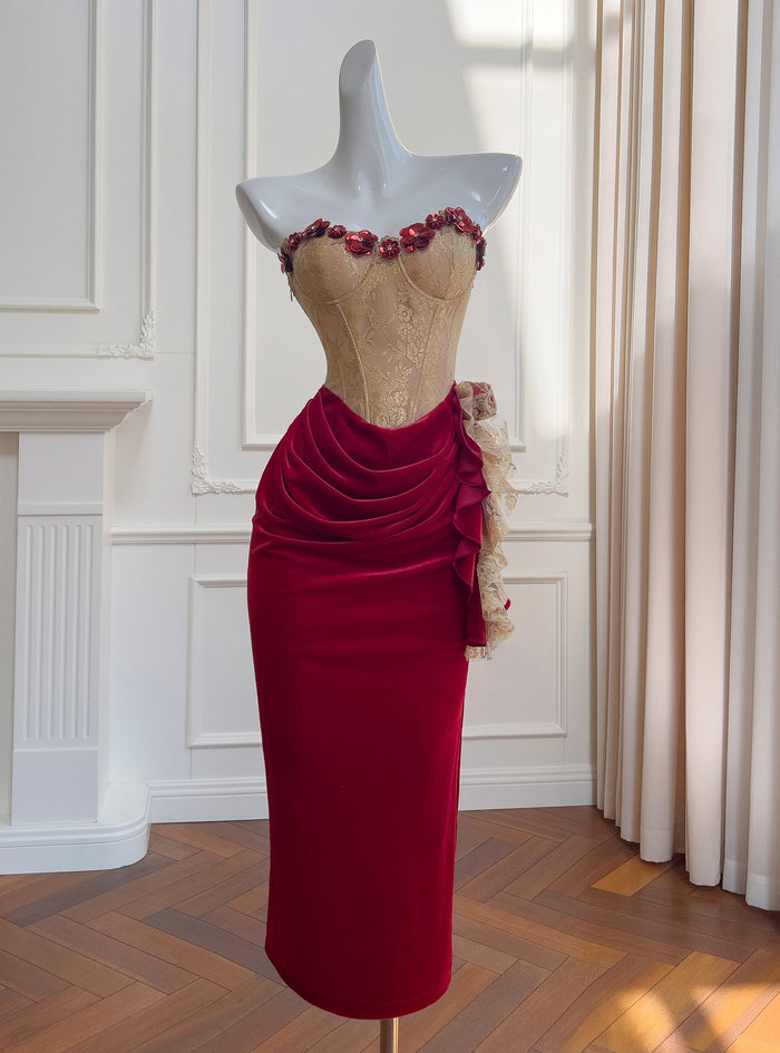 Velvet Lace Straps Pleats Prom Dress