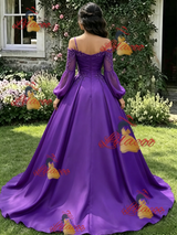 Purple Satin Long Sleeve Appliques Quinceanera Dress