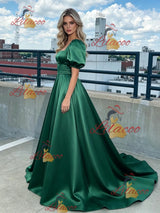 Green Satin Puff Sleeve Square Neck Prom Dress