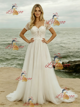 White Lace Short Sleeve Wedding Dress