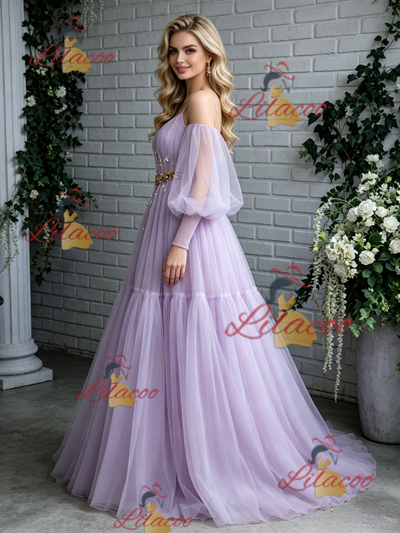 Purple Tulle Long Sleeve Pleats Prom Dress