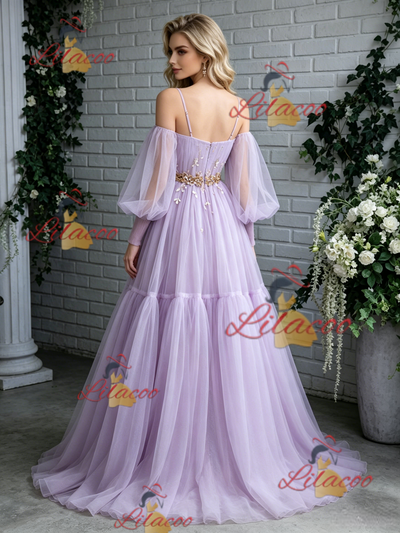 Purple Tulle Long Sleeve Pleats Prom Dress