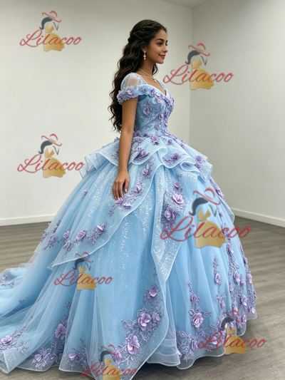 Sky Blue Tulle 3D Appliques Quinceanera Dress
