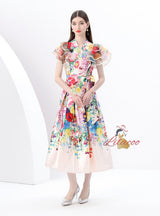 V-neck Ruffled Stitching Printed Long Dress