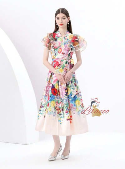 V-neck Ruffled Stitching Printed Long Dress