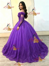 Purple Tulle Long Sleeve Appliques Quinceanera Dress