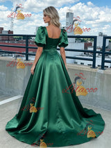 Green Satin Puff Sleeve Square Neck Prom Dress
