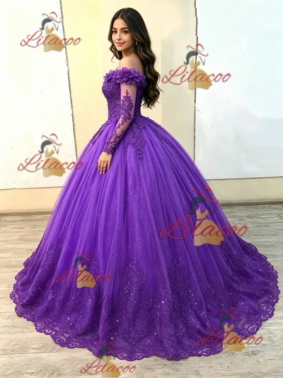 Purple Tulle Long Sleeve Appliques Quinceanera Dress