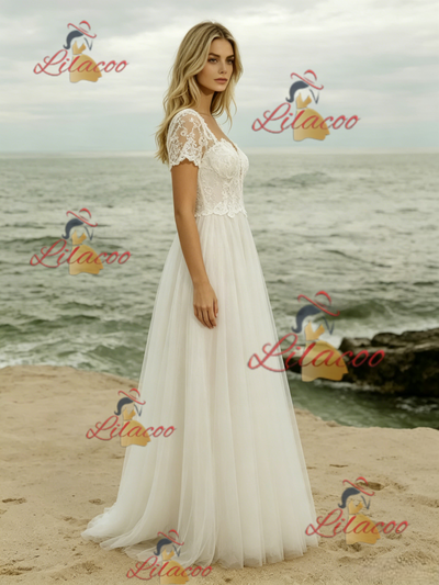 White Lace Short Sleeve Wedding Dress