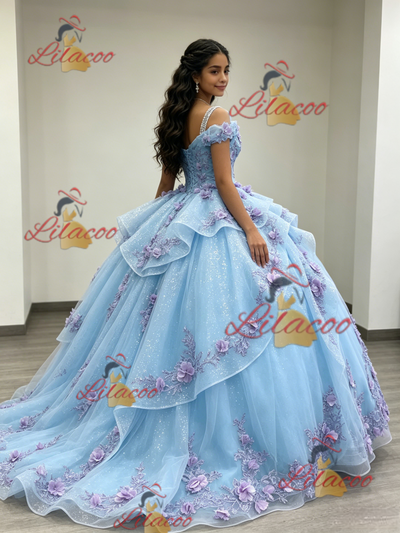 Sky Blue Tulle 3D Appliques Quinceanera Dress