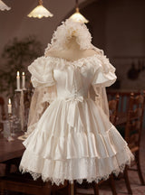 White Satin Lace Short Sleeve Wedding Dress