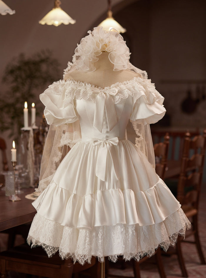 White Satin Lace Short Sleeve Wedding Dress