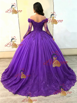Purple Tulle Long Sleeve Appliques Quinceanera Dress