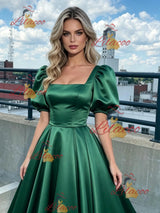 Green Satin Puff Sleeve Square Neck Prom Dress