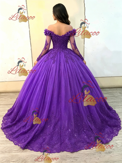 Purple Tulle Long Sleeve Appliques Quinceanera Dress