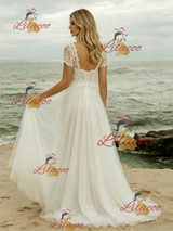 White Lace Short Sleeve Wedding Dress
