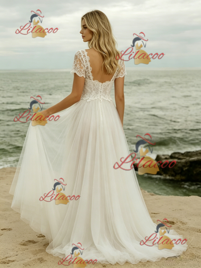 White Lace Short Sleeve Wedding Dress