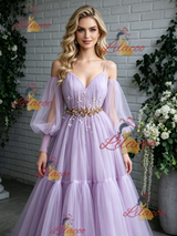 Purple Tulle Long Sleeve Pleats Prom Dress