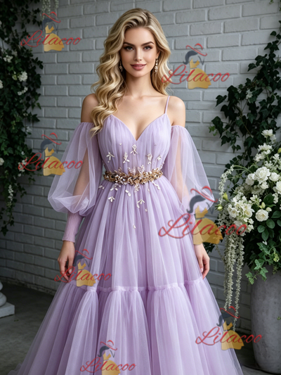 Purple Tulle Long Sleeve Pleats Prom Dress