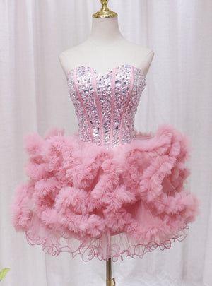 Pink Tulle Crystal Homecoming Dress