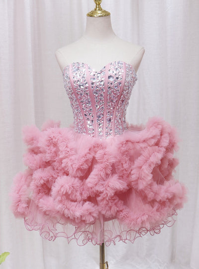 Pink Tulle Crystal Homecoming Dress
