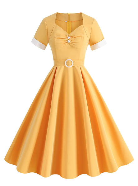 Retro Square Neck Short Sleeve Dress