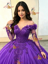 Purple Tulle Long Sleeve Appliques Quinceanera Dress